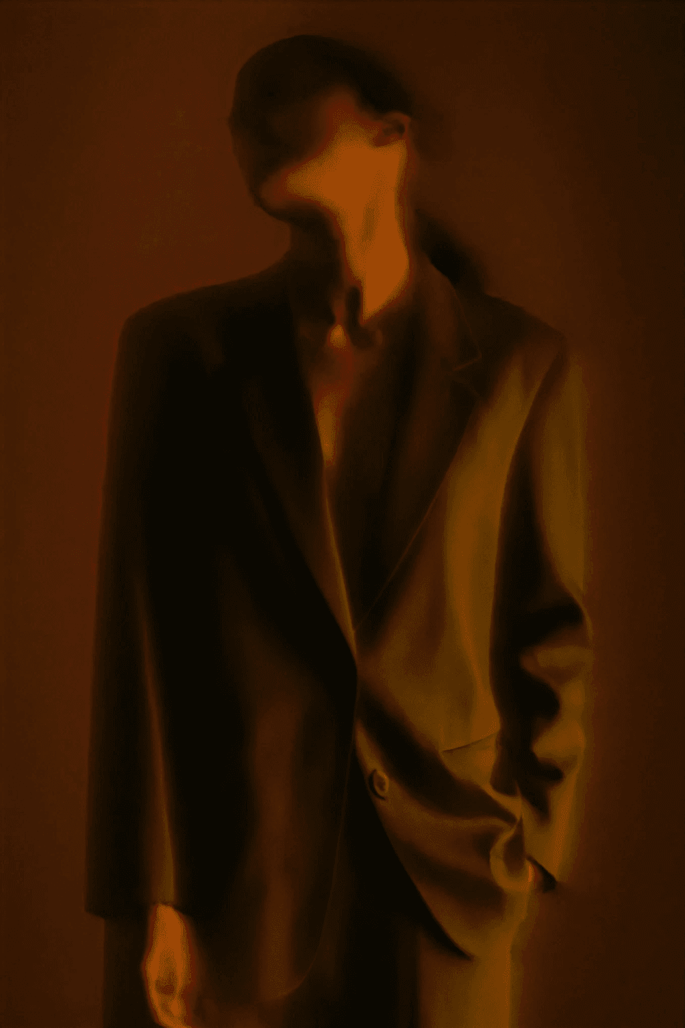A person in a softly lit, tailored blazer